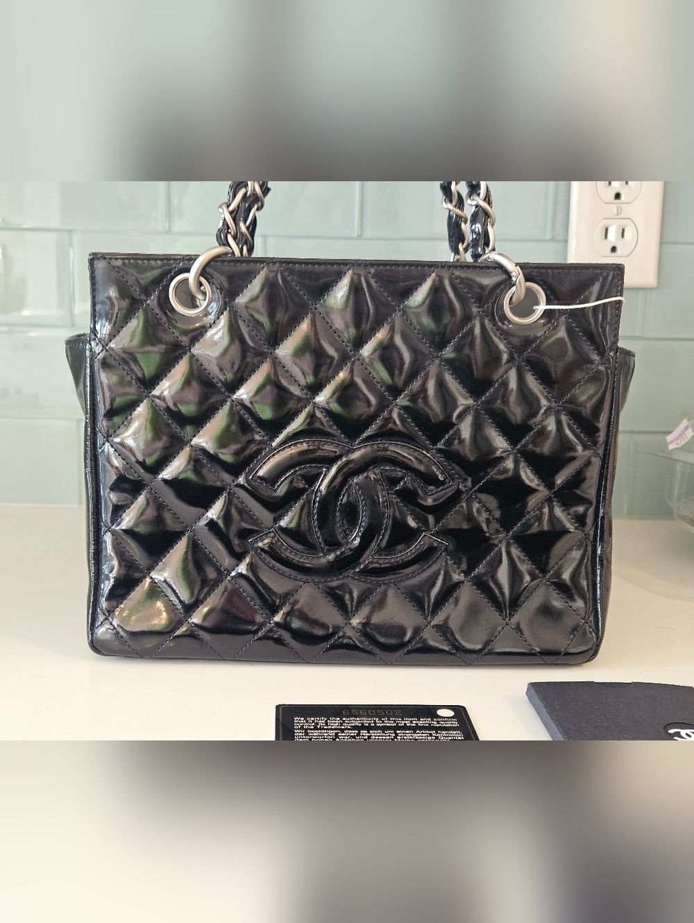 Authenticated CHANEL Black Patent Leather Timeless CC Tote Petite